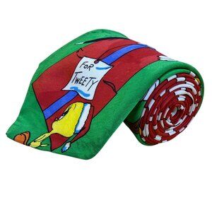 Looney Tunes Mens Green Christmas Holiday Neck Tie Tweety & Sylvester Print